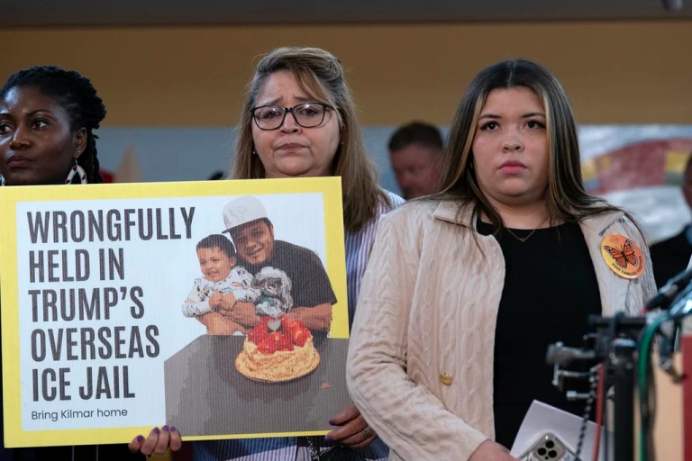 Jennifer Vasquez Sura, the wife of Kilmar Ábrego García of Maryland, who was mistakenly deported to El Salvador, right, stands with supporters during a news conference at CASA's Multicultural Center in Hyattsville, Maryland, April 4, 2025.