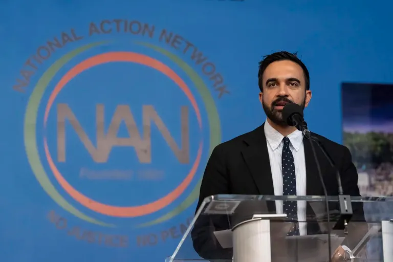 Democratic mayoral candidate Zohran Mamdani speaks during the National Action Network's Saturday action rally at House of Justice in Harlem, Saturday, June 28, 2025, in New York.