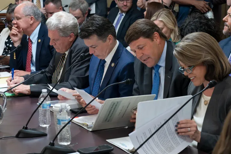 House Energy and Commerce Committee Chair Brett Guthrie, R-Ky., from left, Rep. Frank Pallone, D-N.J., the ranking member of Energy and Commerce, Rep. Brendan Boyle, D-Pa., the ranking member of the House Budget Committee, Budget Committee Chairman Jodey Arrington, R-Texas, and Rep. Angie Craig, D-Minn., the ranking member of the House Agriculture Committee meet in the House Rules Committee as chairs and ranking members of relevant committees prepare President Donald Trump's signature bill of big tax breaks and spending cuts to go to the House floor, at the Capitol in Washington, Tuesday, July 1, 2025. (AP Photo/J. Scott Applewhite)