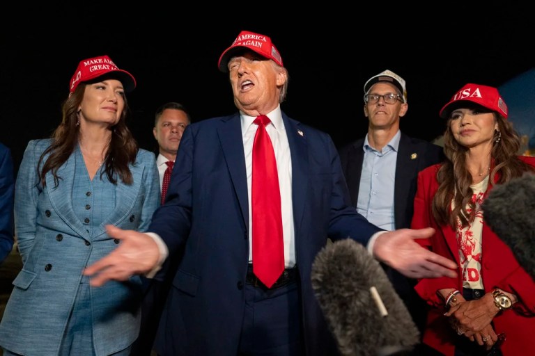 Trump NLRB picks leaked in Chamber email: Report President Donald Trump, center, speaks with reporters as, from left, Agriculture Secretary Brooke Rollins, Reps. Zachary Nunn (R-IA) and Randy Feenstra (R-IA), and Homeland Security Secretary Kristi Noem listen as they arrive on Air Force One, Friday, July 4, 2025, at Joint Base Andrews, Maryland.