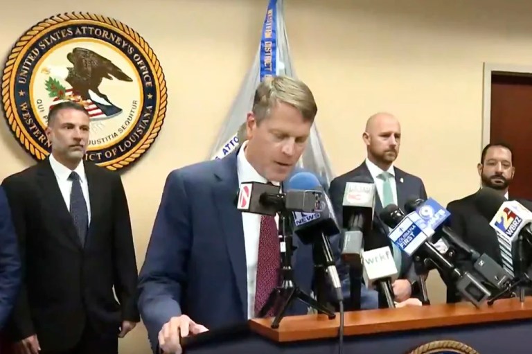 This image taken from a video provided by KATC shows U.S. Attorney Alexander C. Van Hook announcing charges against current and former police officers at a news conference in Lafayette, La., Wednesday, July 16, 2025. (KATC via AP)