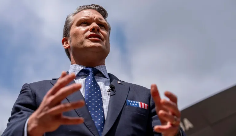 Secretary of Defense Pete Hegseth speaks to reporters before looking at a display of multi-domain autonomous systems in the Pentagon courtyard, Wednesday, July 16, 2025, in Washington.