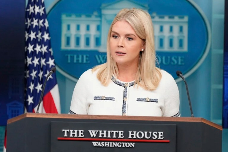 White House press secretary Karoline Leavitt speaks with reporters in the James Brady Press Briefing Room at the White House, Thursday, July 17, 2025, in Washington. (AP Photo/Alex Brandon)