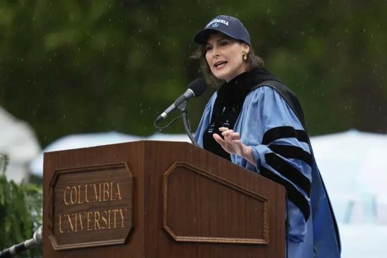 Columbia University's acting president Claire Shipman speaks during Columbia University commencement ceremony on Columbia's main campus, in Manhattan, on Wednesday, May 21, 2025 in New York. (AP Photo/Seth Wenig, Pool)