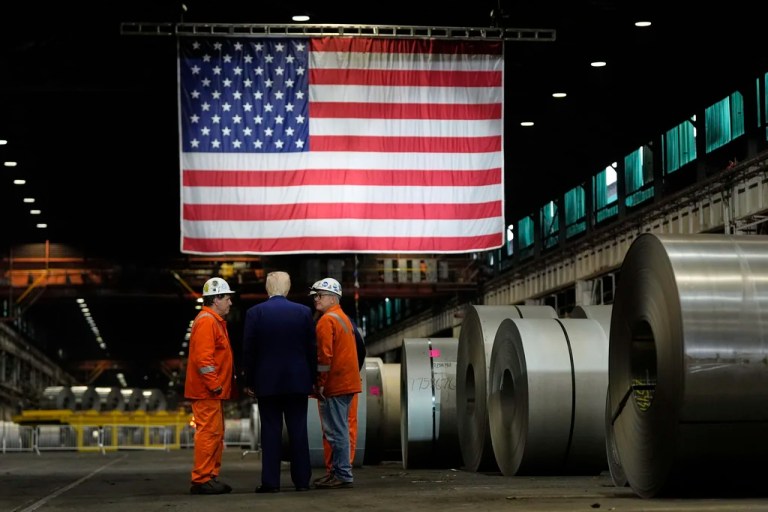President Donald Trump talks to workers as he tours U.S. Steel Corporation's Mon Valley Works-Irvin plant, Friday, May 30, 2025, in West Mifflin, Pennsylvania.