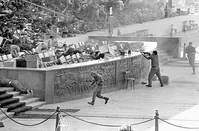 Egyptian soldiers linked to the Muslim Brotherhood assassinate Egyptian President Anwar Sadat during a military parade in Cairo, Oct. 6, 1981. (MAKARAM GAD ALKAREEM / AFP / Getty Images)