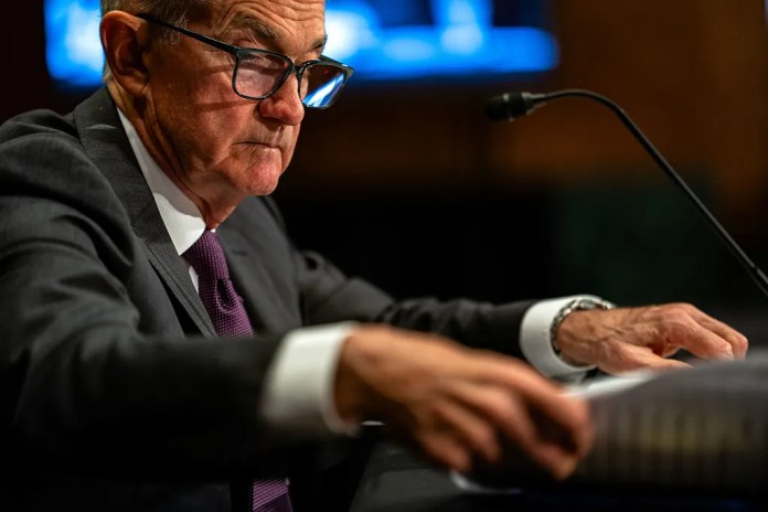 Fed Chair Jerome Powell testifies before the Senate Committee on Banking, Housing, and Urban Affairs during a hearing to 