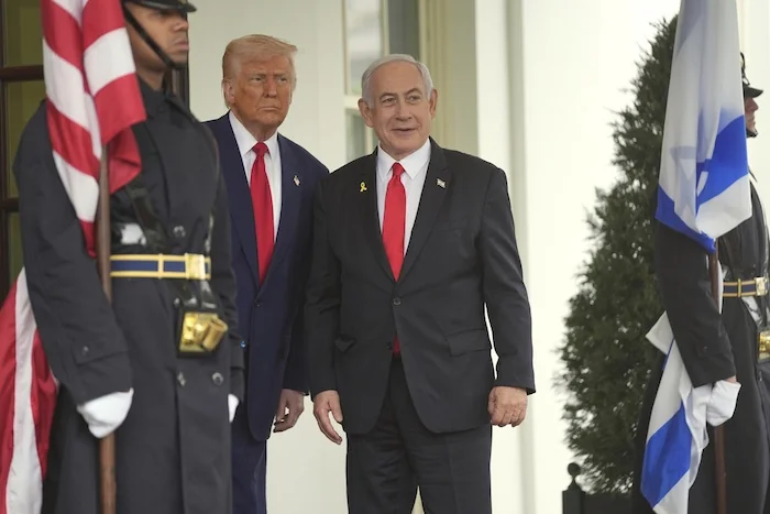President Donald Trump greets Israeli Prime Minister Benjamin Netanyahu at the White House.