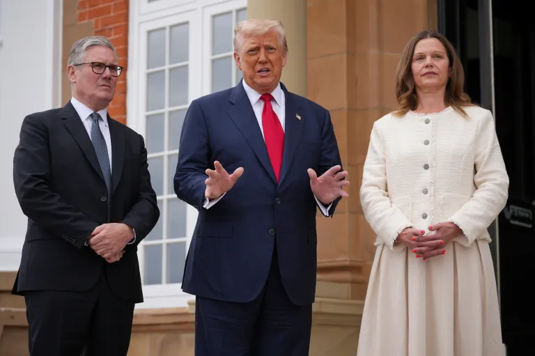President Donald Trump, right, and Britain's Prime Minister Keir Starmer speak with the media during a meeting at the Trump Turnberry golf course in Turnberry, Scotland Monday, July 28, 2025. (AP Photo/Jacquelyn Martin)