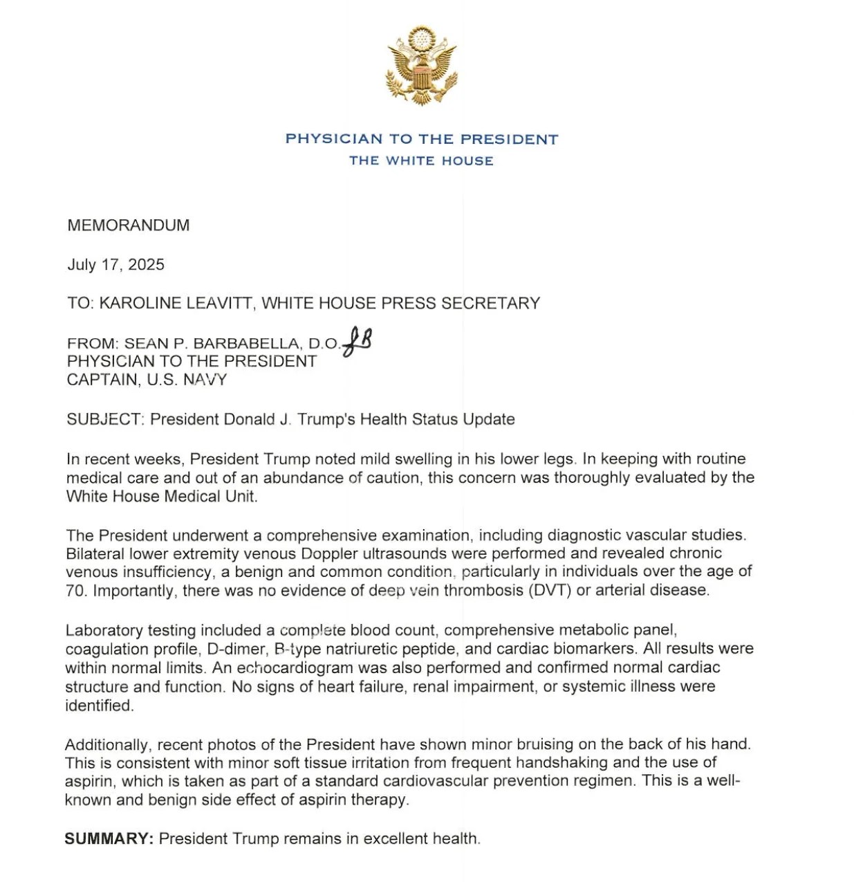 President Donald Trump's doctor released a note about his health condition.