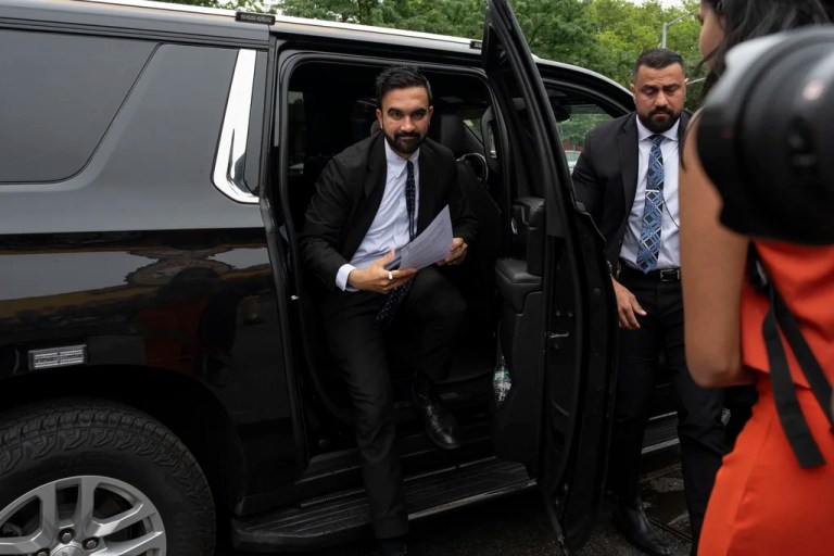 Democratic mayoral candidate Zohran Mamdani arrives at House of Justice for National Action Network's Saturday action rally in Harlem, Saturday, June 28, 2025, in New York.