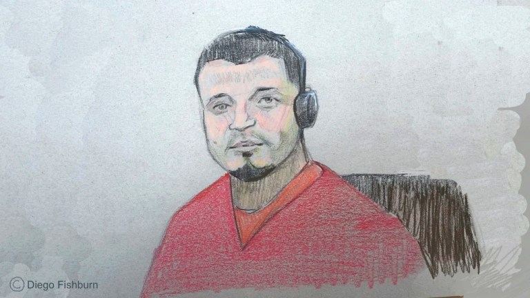 This courtroom sketch depicts Kilmar Abrego Garcia sitting in court during his detention hearing on Wednesday, June 25, 2025, in Nashville, Tenn. (Diego Fishburn via AP)
