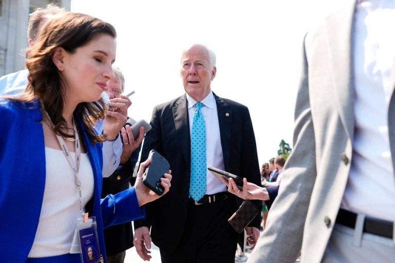 Sen. John Cornyn (R-TX) walks to board a bus to the White House with other Senate Republicans for a meeting with President Donald Trump on his spending and tax bill, Wednesday, June 4, 2025, outside the U.S. Capitol in Washington.