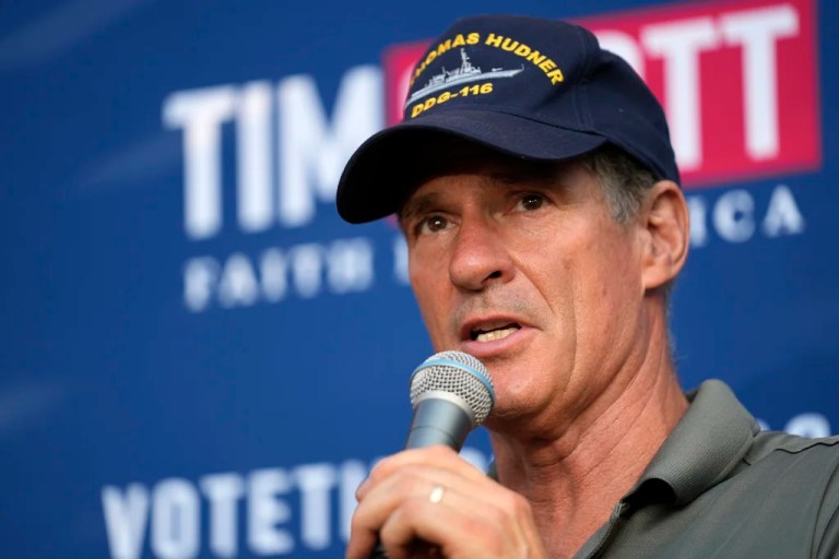 Former Sen. Scott Brown of Massachusetts hosts a campaign event, Sept. 7, 2023, in Rye, New Hampshire.
