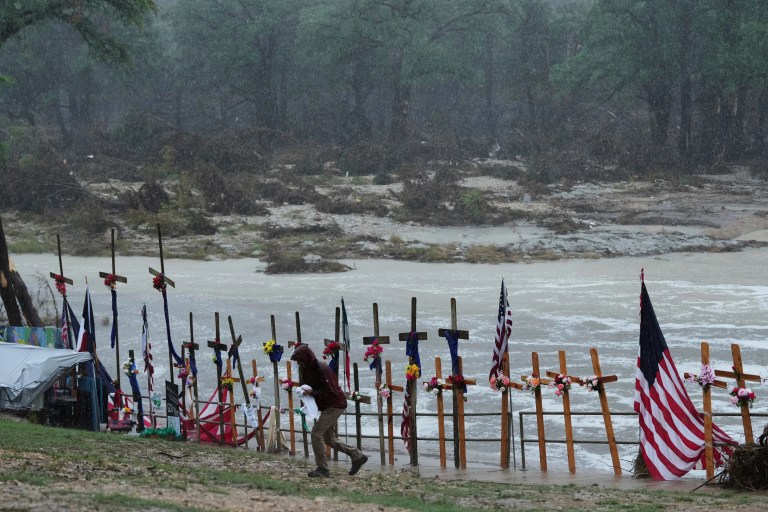 A member of Nevada Task Force One searches for missing flood victims in Kerrville, Texas on Friday, July 11, 2025.