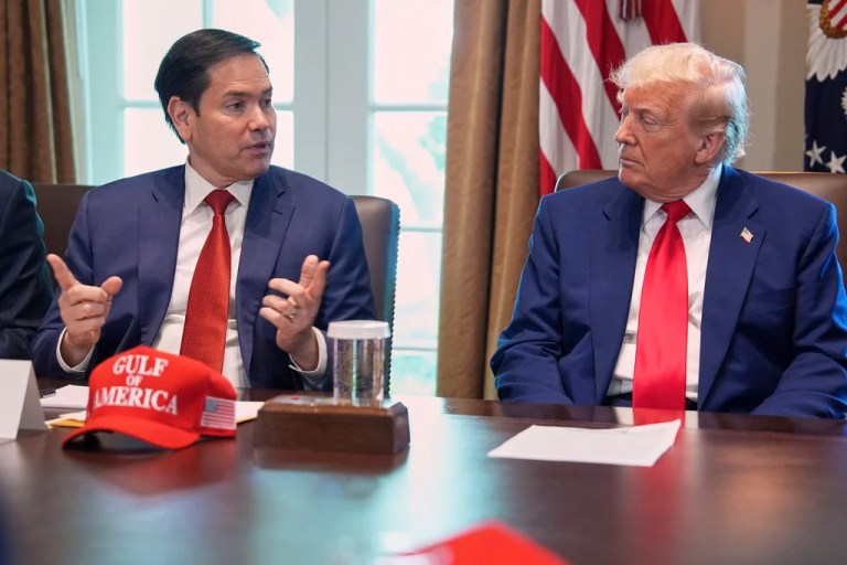 Secretary of State Marco Rubio speaks during a Cabinet meeting at the White House, Wednesday, April 30, 2025, in Washington, as President Donald Trump look on.