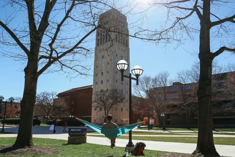This April 7, 2017 file photo, shows Burton Tower on the University of Michigan campus in Ann Arbor, Mich.