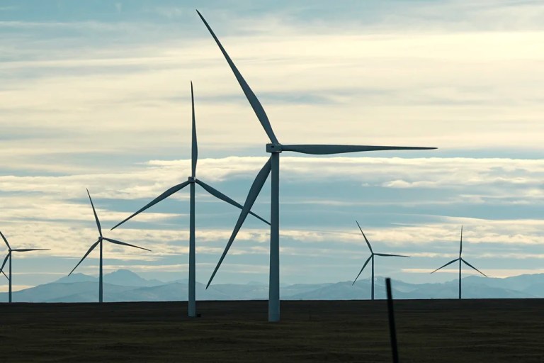 Wind turbines stand in a farm along Interstate 80 on Saturday, Nov. 23, 2024, west of Cheyenne, Wyoming.