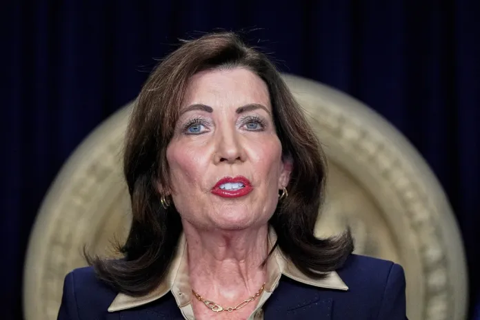 New York Gov. Kathy Hochul speaks at a news conference, Feb. 20, 2025, in New York.