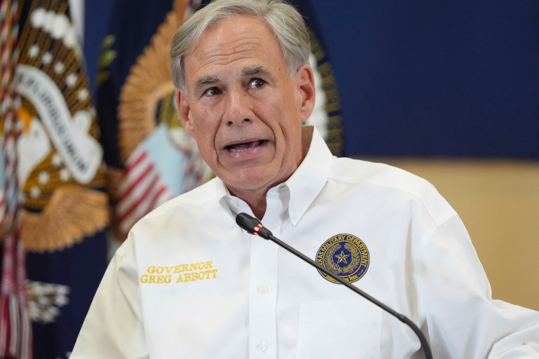 Texas Gov. Greg Abbott (R) speaks during a roundtable discussion with President Donald Trump, first responders and local officials at Hill Country Youth Event Center in Kerrville, Texas, during a tour to observe flood damage, Friday, July 11, 2025.