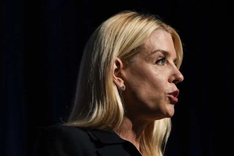 Attorney General Pam Bondi speaks at a news conference at the Drug Enforcement Administration, Tuesday, July 15, 2025, in Arlington, Virginia.