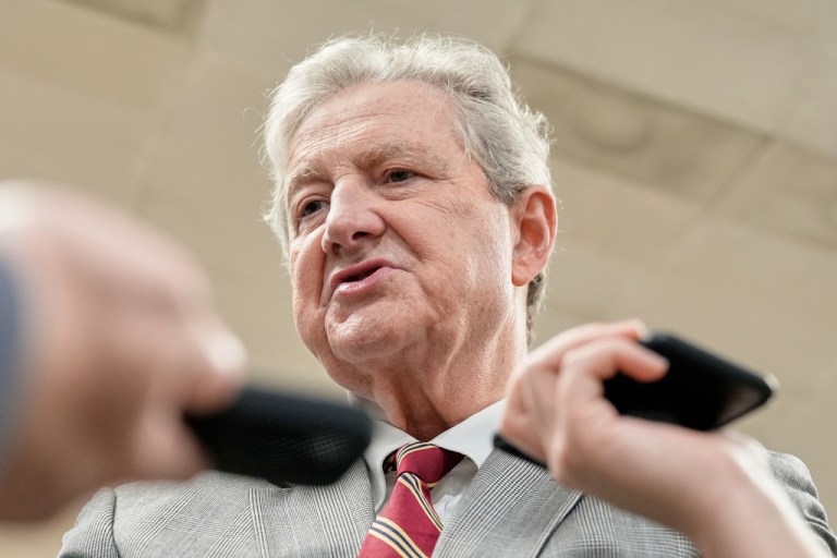 Sen. John Kennedy (R-LA) speaks with reporters at the Capitol subway, Thursday, July 31, 2025, in Washington.