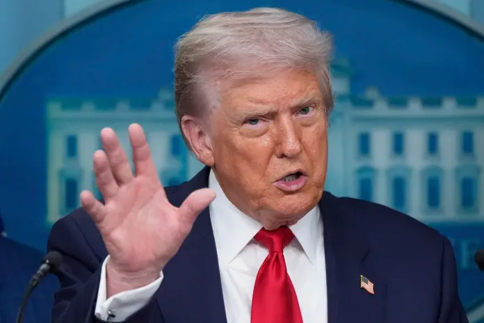 President Donald Trump speaks with reporters in the James Brady Press Briefing Room at the White House, Monday, Aug. 11, 2025, in Washington.