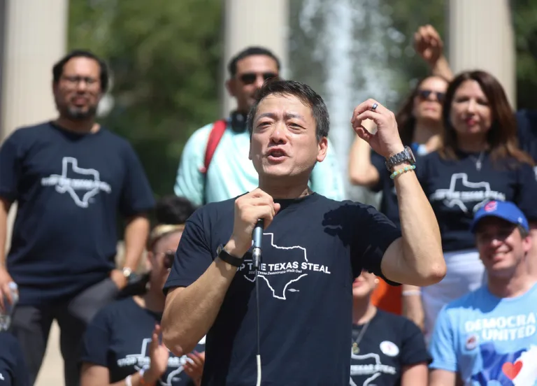 Texas Rep. Gene Wu speaks at a rally, Saturday, Aug. 16, 2025, at Wrigley Square in Millennium Park in Chicago. (AP Photo/Talia Sprague)