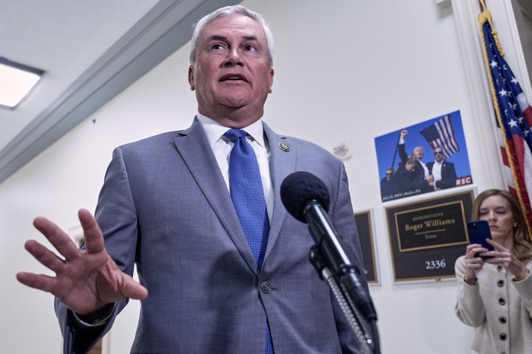House Oversight Committee Chairman James Comer (R-KY) speaks to reporters as he arrives for a deposition with former Attorney General Bill Barr, on Capitol Hill Monday, Aug 18, 2025, in Washington.