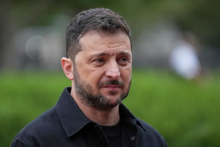 Ukrainian President Volodymyr Zelensky speaks in Lafayette Park.