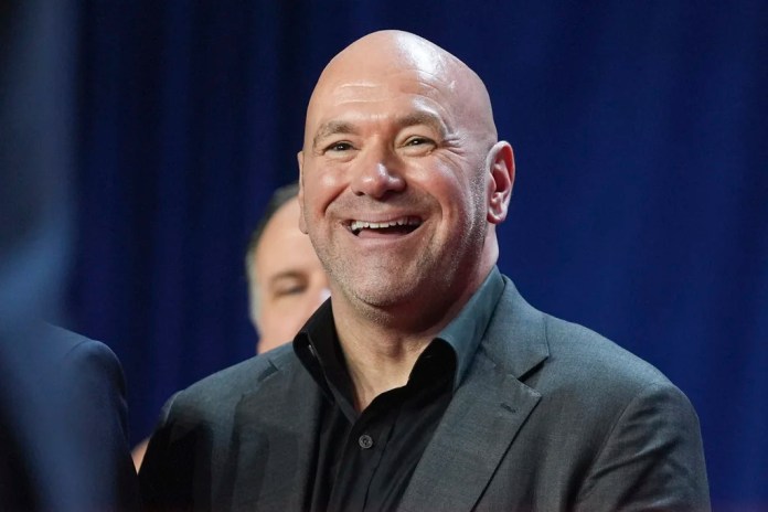 Dana White watches as Republican presidential nominee former President Donald Trump speaks at an election night watch party at the Palm Beach Convention Center, Wednesday, Nov. 6, 2024, in West Palm Beach, Fla.