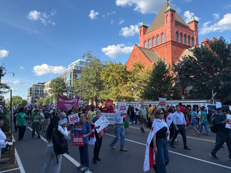Protesters gathered in front of Le Diplomate in downtown DC