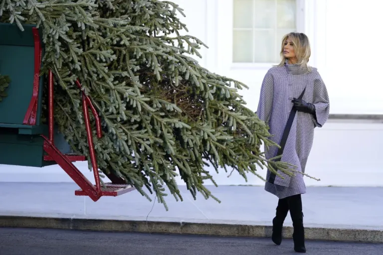 First lady Melania Trump walks around the 2020 official White House Christmas tree.