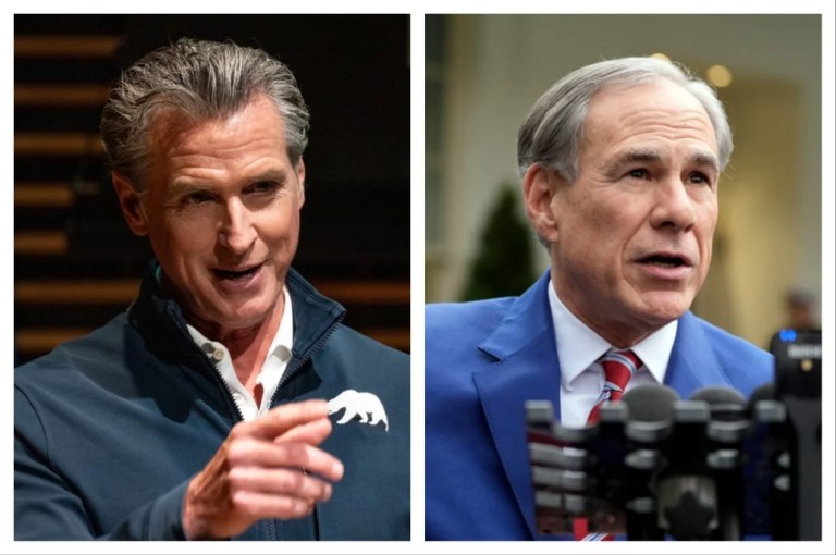 Govs. Gavin Newsom and Greg Abbott pictured. Texas and California are battling over redistricting.