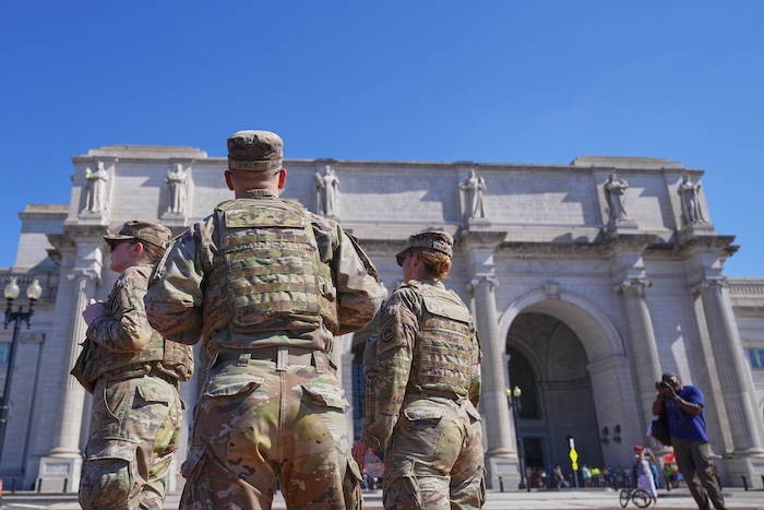 Members of the Louisiana National Guard patrol Union Station, Monday, Aug. 25, 2025, in Washington.