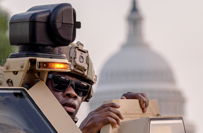 Members of the National Guard patrol the National Mall on Aug. 15. (Graeme Jennings/Washington Examiner)
