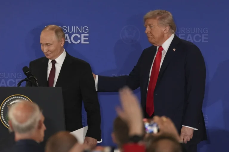 President Donald Trump, right, and Russia's President Vladimir Putin depart at the conclusion of a joint press conference at Joint Base Elmendorf-Richardson, Alaska, Friday, Aug. 15, 2025.