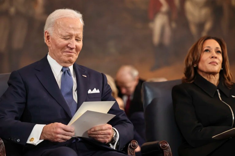 Former President Joe Biden and former Vice President Kamala Harris during the 60th presidential inauguration on Monday, Jan. 20, 2025, in the rotunda of the Capitol in Washington.