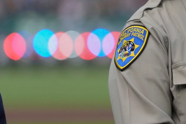 A California Highway Patrol patch is shown in San Francisco, Tuesday, July 8, 2025.