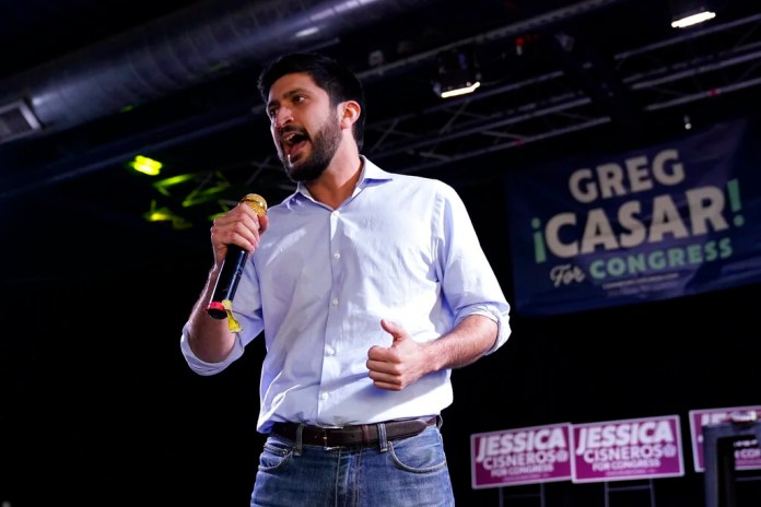Then-Democratic Congressional candidate Greg Casar speaks during a rally, Saturday, Feb. 12, 2022, in San Antonio.
