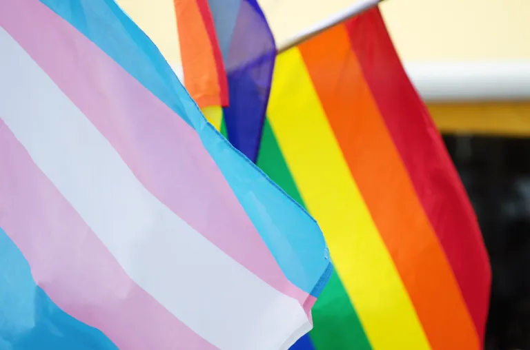 Rainbow and transgender flags waving in a close-up abstract view during a gay pride parade.
