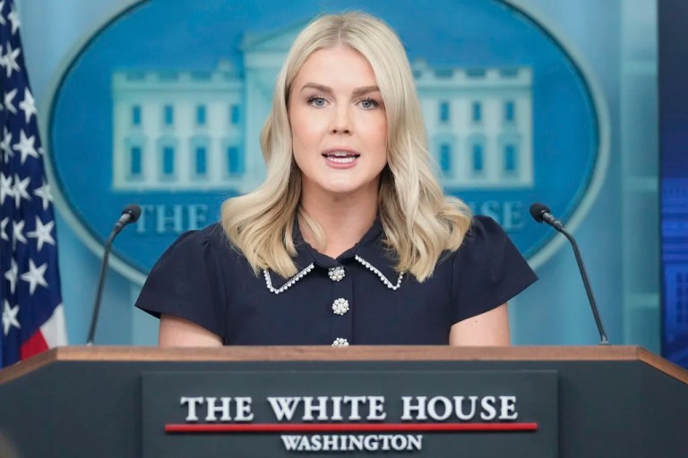 White House press secretary Karoline Leavitt speaks with reporters in the James Brady Press Briefing Room at the White House, Tuesday, Aug. 12, 2025, in Washington.