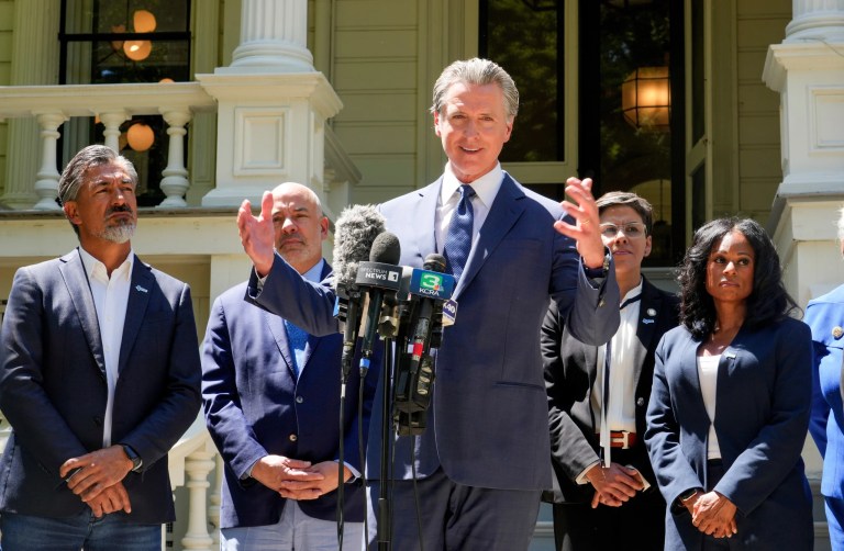 California Gov. Gavin Newsom calls for a new way for the state to redraw it's voting districts during a news conference In Sacramento, Calif., Friday, July 25, 2025.