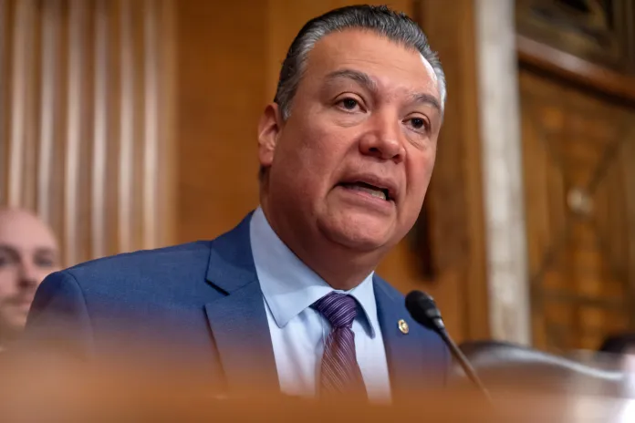 Sen. Alex Padilla, D-Calif., speaks during a hearing of the Senate Committee on Energy and Natural Resources on Capitol Hill, Thursday, July 10, 2025, in Washington.