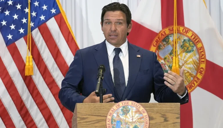 Florida Gov. Ron DeSantis (R) gestures during a news conference Tuesday, Aug. 12, 2025, in Tampa, Florida.