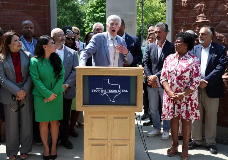 Indiana State Rep. Ed DeLaney, D-Indianapolis, speaks as a group of Democrat politicians from Indiana and Texas gather in Chicago, Wednesday, Aug. 13, 2025, to warn of the dangers of irregular redistricting and the Texas Democrats continue to try to prevent a redistricting effort by Republicans in their state.