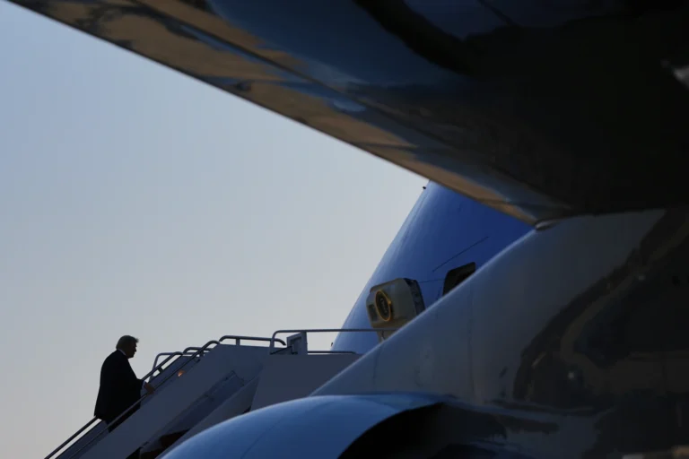 President Donald Trump boards Air Force One, Friday, Aug. 15, 2025, at Joint Base Andrews, Md. President Trump is traveling to a meeting with Russian President Vladimir Putin today in Alaska at a U.S. military base for a crucial summit.