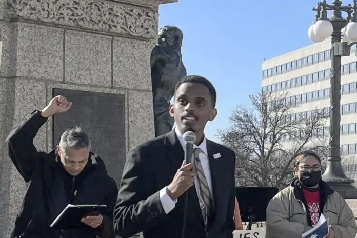 Minnesota Sen. Omar Fateh (D), of Minneapolis, speaks in support of the North Star Act. (AP Photo/Trisha Ahmed)