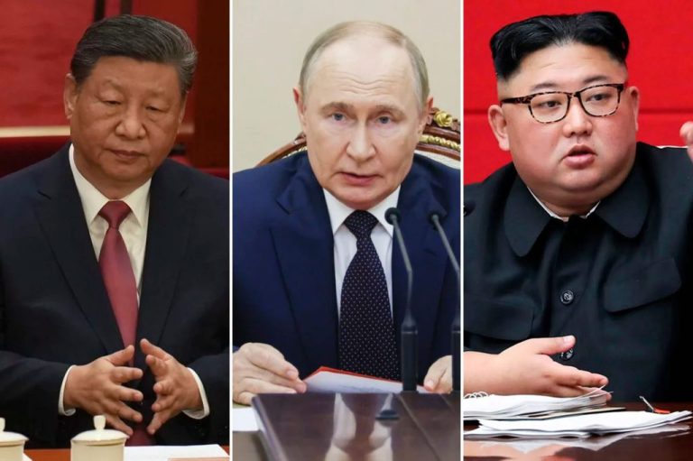 A triptych of Chinese President Xi Jinping, Russian President Vladimir Putin, and North Korean Supreme Leader Kim Jong Un.