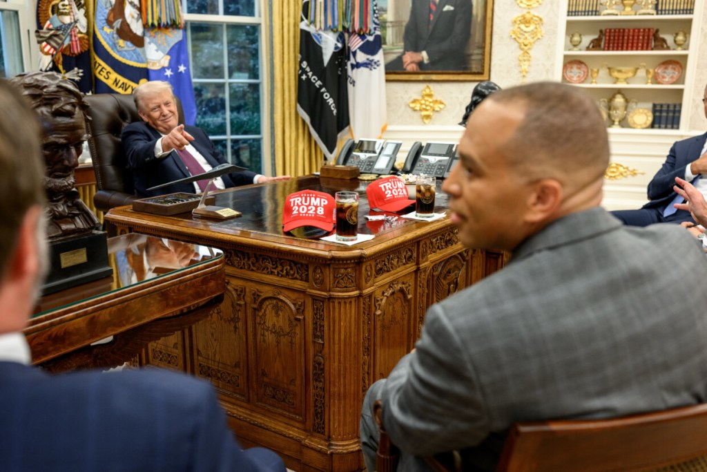 NextImg:Trump posts photo of 'Trump 2028' hats at leadership meeting